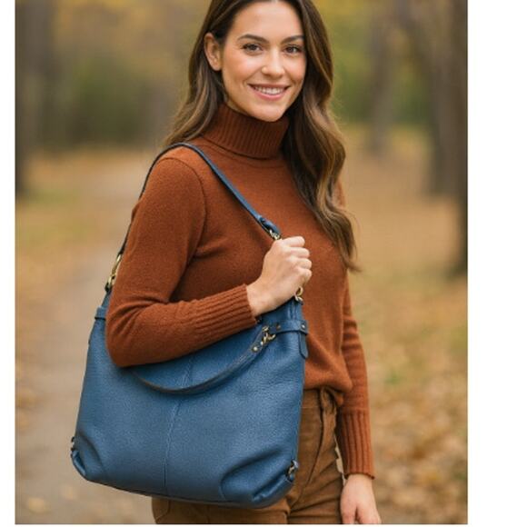 Coach Brooke Pebbled Leather Hobo Convertible Purse F17165 Blue $358 - Picture 1 of 11